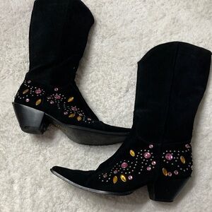 Vintage Embellished Black Suede Boots